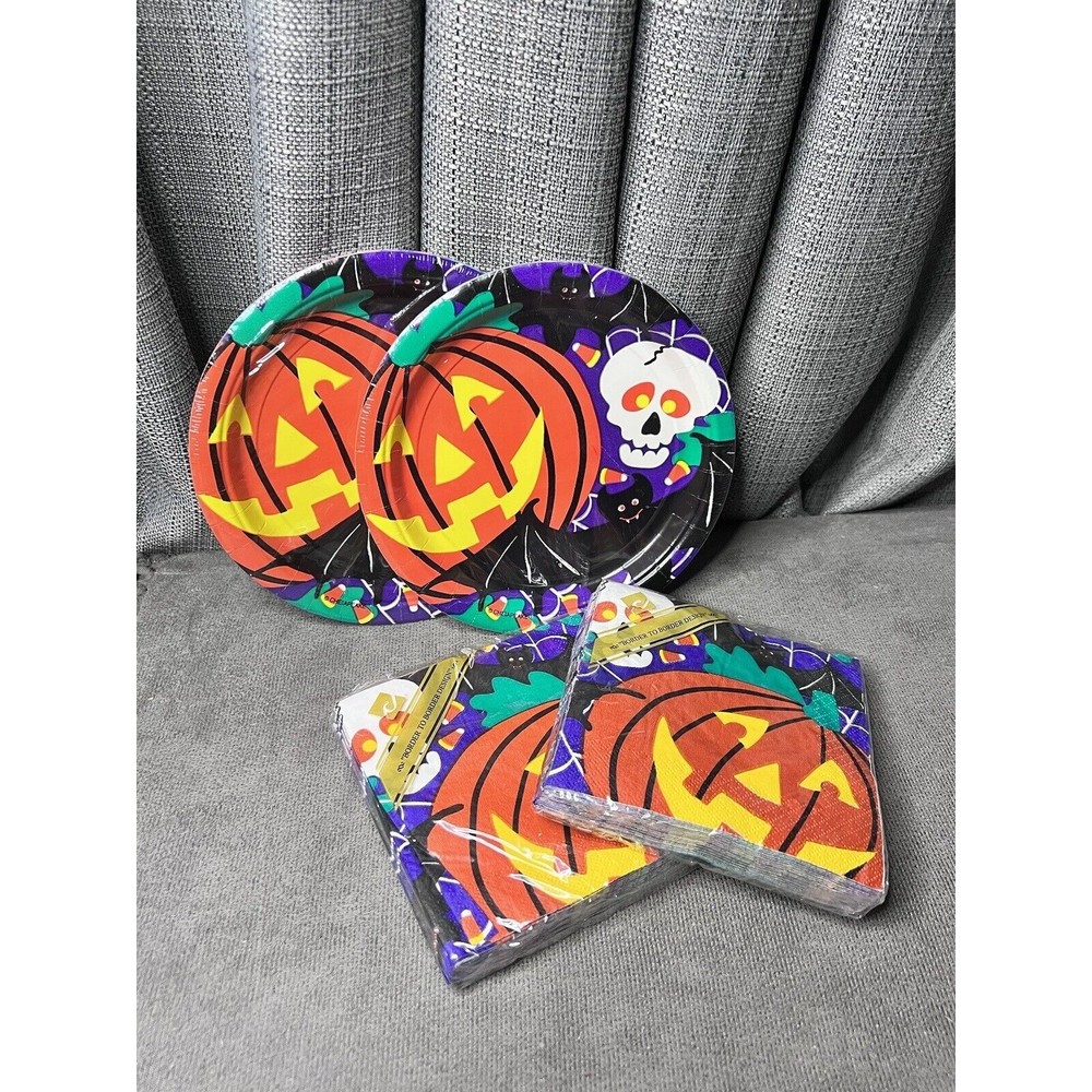 Halloween Paper Napkins Plates Pumpkin Bat Skull Jack O' Lantern VTG New